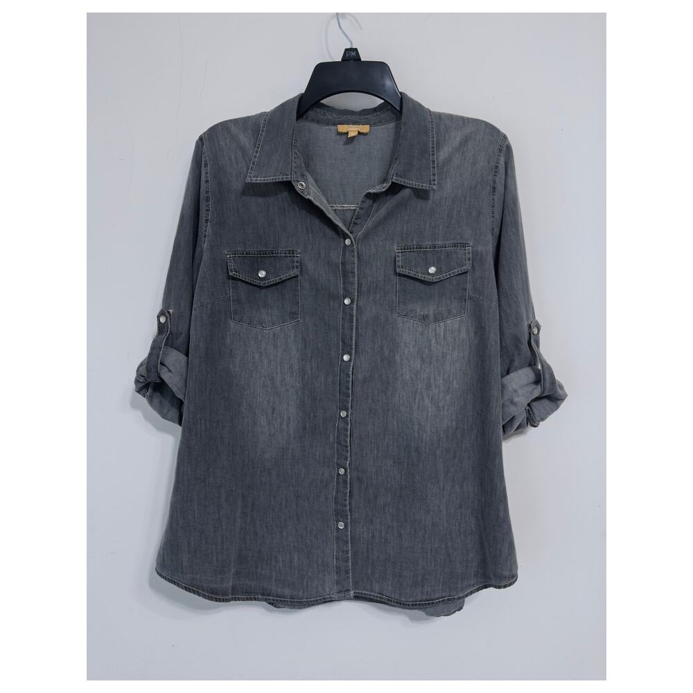 Takara gray denim button-up shirt with rolled sleeves sz XL americana workwear